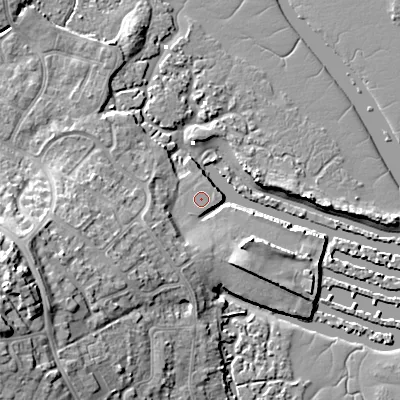 Shaded relief map of the ground around BH154EJ, computed from Environment Agency LiDAR. The ground here sits at about 2 m above sea level and falls 20 m across the surrounding 800 m. The ground contributing surface water to this point lies to the south.