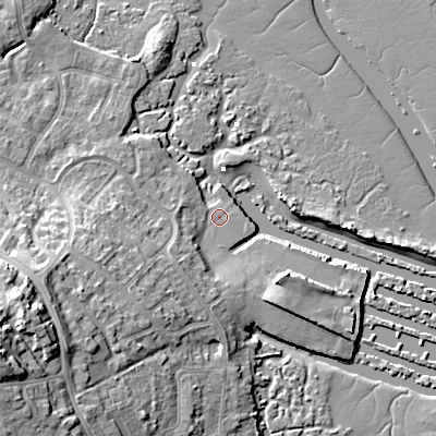 Shaded relief map of the ground around BH154EL, computed from Environment Agency LiDAR. The ground here sits at about 2 m above sea level and falls 22 m across the surrounding 800 m. Surface water reaching this point runs off ground lying to the south-west, 4.2 m higher.