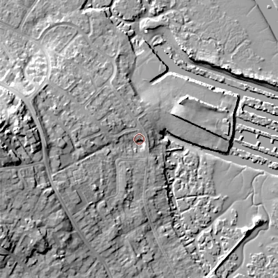 Shaded relief map of the ground around BH154EQ, computed from Environment Agency LiDAR. The ground here sits at about 4 m above sea level and falls 22 m across the surrounding 800 m. Surface water reaching this point runs off ground lying to the west, 18.3 m higher.