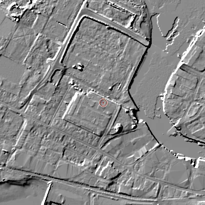 Shaded relief map of the ground around BH154FN, computed from Environment Agency LiDAR. The ground here sits at about 3 m above sea level and falls 7 m across the surrounding 800 m. Surface water reaching this point runs off ground lying to the west-south-west, 0.8 m higher.