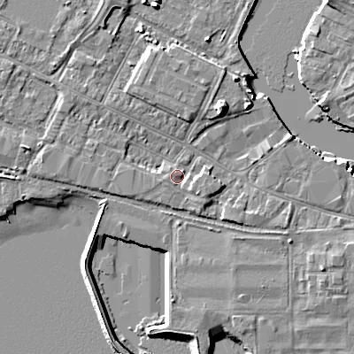 Shaded relief map of the ground around BH154GA, computed from Environment Agency LiDAR. The ground here sits at about 2 m above sea level and falls 8 m across the surrounding 800 m. Surface water reaching this point runs off ground lying to the south-east, 1.8 m higher.