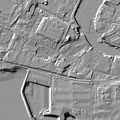 Shaded relief map of the ground around BH154GF, computed from Environment Agency LiDAR. The ground here sits at about 2 m above sea level and falls 8 m across the surrounding 800 m. Surface water reaching this point runs off ground lying to the south, 2.0 m higher.