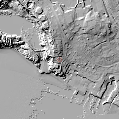 Shaded relief map of the ground around BH154LR, computed from Environment Agency LiDAR. The ground here sits at about 11 m above sea level and falls 25 m across the surrounding 800 m. Surface water reaching this point runs off ground lying to the north-north-west, 8.0 m higher.