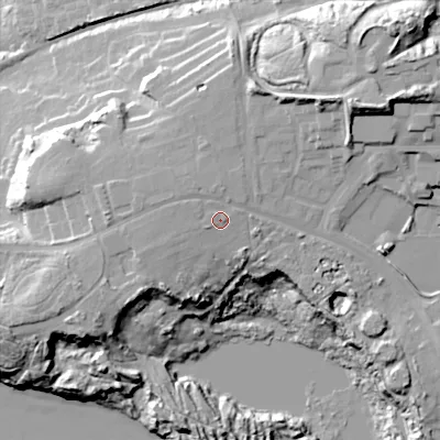 Shaded relief map of the ground around BH154LZ, computed from Environment Agency LiDAR. The ground here sits at about 24 m above sea level and falls 34 m across the surrounding 800 m. Surface water reaching this point runs off ground lying to the west-north-west, 1.2 m higher.