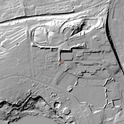 Shaded relief map of the ground around BH154NQ, computed from Environment Agency LiDAR. The ground here sits at about 24 m above sea level and falls 29 m across the surrounding 800 m. Surface water reaching this point runs off ground lying to the north, 9.7 m higher.