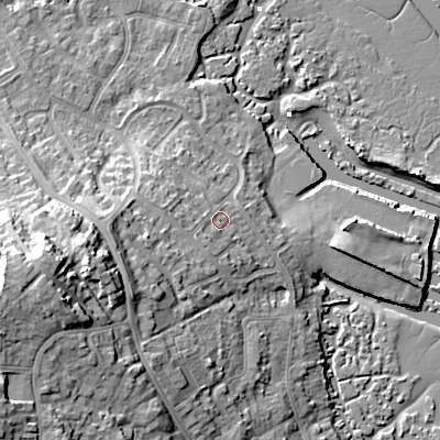 Shaded relief map of the ground around BH154PG, computed from Environment Agency LiDAR. The ground here sits at about 6 m above sea level and falls 23 m across the surrounding 800 m. Surface water reaching this point runs off ground lying to the south-west, 8.2 m higher.