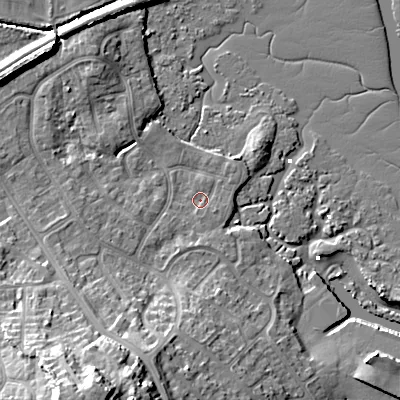 Shaded relief map of the ground around BH154QH, computed from Environment Agency LiDAR. The ground here sits at about 2 m above sea level and falls 22 m across the surrounding 800 m. Surface water reaching this point runs off ground lying to the south, 1.1 m higher.