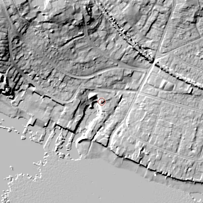 Shaded relief map of the ground around BH154QP, computed from Environment Agency LiDAR. The ground here sits at about 4 m above sea level and falls 23 m across the surrounding 800 m. Surface water reaching this point runs off ground lying to the north-west, 5.2 m higher.
