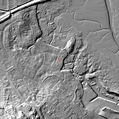 Shaded relief map of the ground around BH154QQ, computed from Environment Agency LiDAR. The ground here sits at about 2 m above sea level and falls 22 m across the surrounding 800 m. Surface water reaching this point runs off ground lying to the south-west, 1.1 m higher.