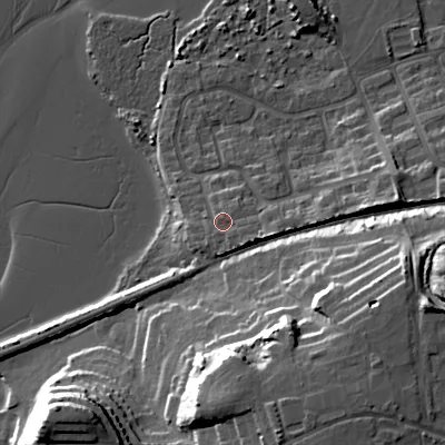 Shaded relief map of the ground around BH165BJ, computed from Environment Agency LiDAR. The ground here sits at about 8 m above sea level and falls 28 m across the surrounding 800 m. Surface water reaching this point runs off ground lying to the east-south-east, 2.9 m higher.