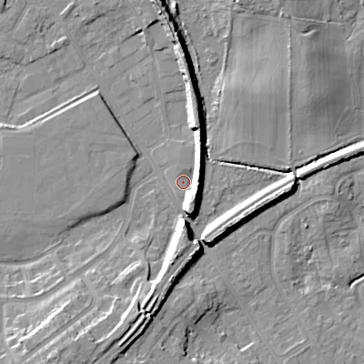 Shaded relief map of the ground around BH165BL, computed from Environment Agency LiDAR. The ground here sits at about 3 m above sea level and falls 12 m across the surrounding 800 m. Surface water reaching this point runs off ground lying to the south-east, 9.4 m higher.