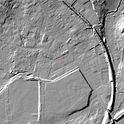 Shaded relief map of the ground around BH165BW, computed from Environment Agency LiDAR. The ground here sits at about 2 m above sea level and falls 13 m across the surrounding 800 m. Surface water reaching this point runs off ground lying to the north, 11.2 m higher.