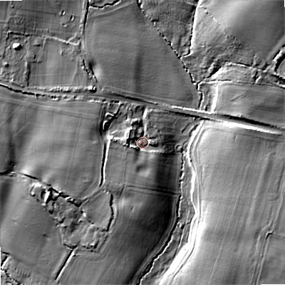 Shaded relief map of the ground around BH166HS, computed from Environment Agency LiDAR. The ground here sits at about 14 m above sea level and falls 17 m across the surrounding 800 m. Surface water reaching this point runs off ground lying to the west, 4.4 m higher.