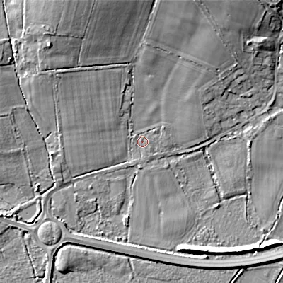 Shaded relief map of the ground around BH166JF, computed from Environment Agency LiDAR. The ground here sits at about 3 m above sea level and falls 14 m across the surrounding 800 m. Surface water reaching this point runs off ground lying to the north-east, 1.3 m higher.