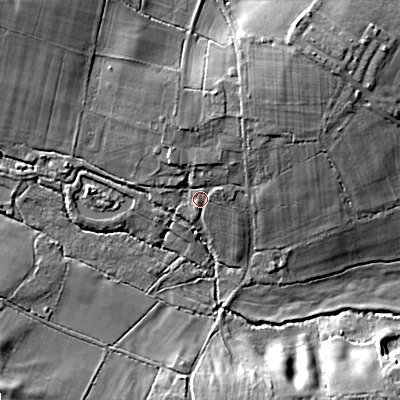 Shaded relief map of the ground around BH166NT, computed from Environment Agency LiDAR. The ground here sits at about 7 m above sea level and falls 13 m across the surrounding 800 m. Surface water reaching this point runs off ground lying to the north-north-east, 4.1 m higher.