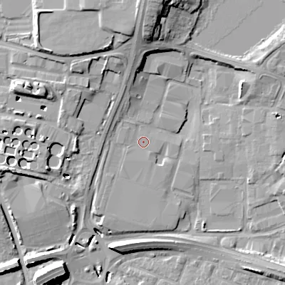 Shaded relief map of the ground around BH170AE, computed from Environment Agency LiDAR. The ground here sits at about 4 m above sea level and falls 18 m across the surrounding 800 m. Surface water reaching this point runs off ground lying to the north-west, 1.9 m higher.
