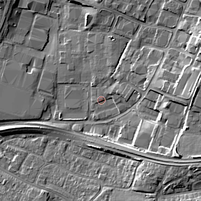 Shaded relief map of the ground around BH170GA, computed from Environment Agency LiDAR. The ground here sits at about 4 m above sea level and falls 14 m across the surrounding 800 m. Surface water reaching this point runs off ground lying to the east, 10.5 m higher.
