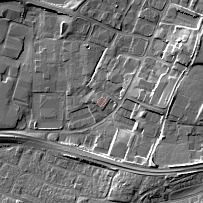 Shaded relief map of the ground around BH170GD, computed from Environment Agency LiDAR. The ground here sits at about 6 m above sea level and falls 15 m across the surrounding 800 m. Surface water reaching this point runs off ground lying to the east, 0.7 m higher.