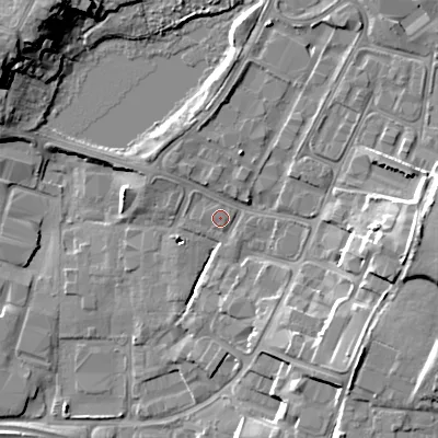 Shaded relief map of the ground around BH170JZ, computed from Environment Agency LiDAR. The ground here sits at about 7 m above sea level and falls 15 m across the surrounding 800 m. Surface water reaching this point runs off ground lying to the east, 10.9 m higher.