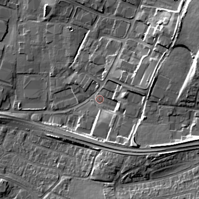 Shaded relief map of the ground around BH170RB, computed from Environment Agency LiDAR. The ground here sits at about 6 m above sea level and falls 16 m across the surrounding 800 m. Surface water reaching this point runs off ground lying to the east-north-east, 12.5 m higher.