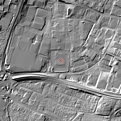 Shaded relief map of the ground around BH170SS, computed from Environment Agency LiDAR. The ground here sits at about 3 m above sea level and falls 16 m across the surrounding 800 m. The ground contributing surface water to this point lies to the south-south-west.