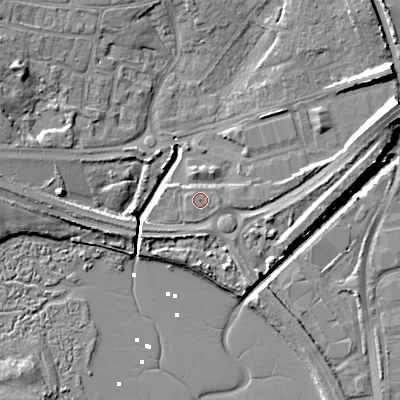 Shaded relief map of the ground around BH177FR, computed from Environment Agency LiDAR. The ground here sits at about 3 m above sea level and falls 10 m across the surrounding 800 m. The ground contributing surface water to this point lies to the east-north-east.
