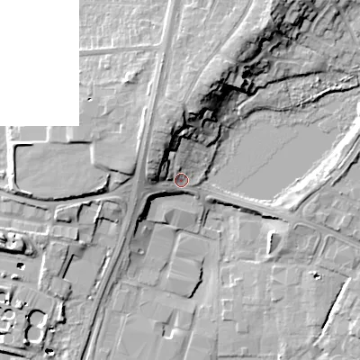 Shaded relief map of the ground around BH177LQ, computed from Environment Agency LiDAR. The ground here sits at about 7 m above sea level and falls 17 m across the surrounding 800 m. Surface water reaching this point runs off ground lying to the north-north-west, 10.0 m higher.