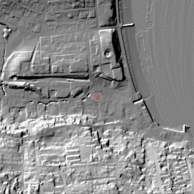 Shaded relief map of the ground around BH191AA, computed from Environment Agency LiDAR. The ground here sits at about 3 m above sea level and falls 47 m across the surrounding 800 m. Surface water reaching this point runs off ground lying to the south-west, 45.0 m higher.