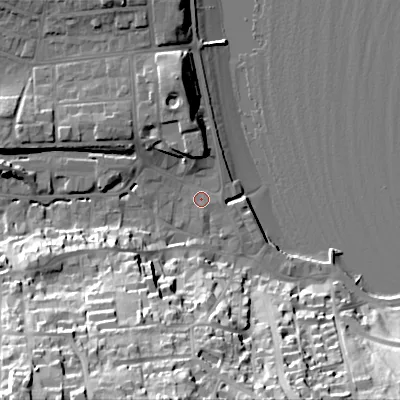 Shaded relief map of the ground around BH191AB, computed from Environment Agency LiDAR. The ground here sits at about 3 m above sea level and falls 47 m across the surrounding 800 m. Surface water reaching this point runs off ground lying to the south-west, 44.7 m higher.
