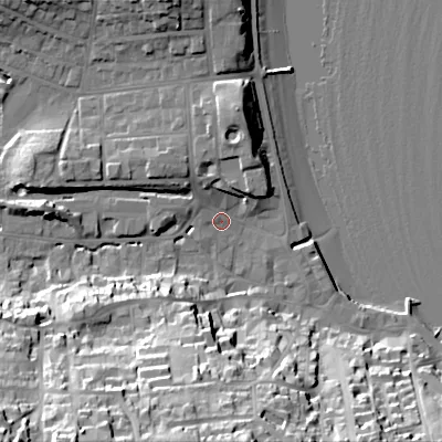 Shaded relief map of the ground around BH191AD, computed from Environment Agency LiDAR. The ground here sits at about 3 m above sea level and falls 44 m across the surrounding 800 m. Surface water reaching this point runs off ground lying to the south-west, 41.8 m higher.