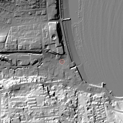 Shaded relief map of the ground around BH191AE, computed from Environment Agency LiDAR. The ground here sits at about 3 m above sea level and falls 45 m across the surrounding 800 m. Surface water reaching this point runs off ground lying to the south-west, 41.7 m higher.