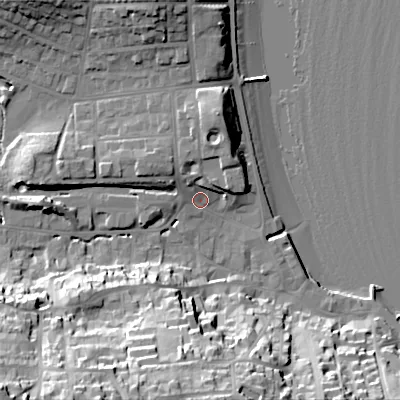Shaded relief map of the ground around BH191AF, computed from Environment Agency LiDAR. The ground here sits at about 4 m above sea level and falls 40 m across the surrounding 800 m. Surface water reaching this point runs off ground lying to the north-north-east, 8.9 m higher.