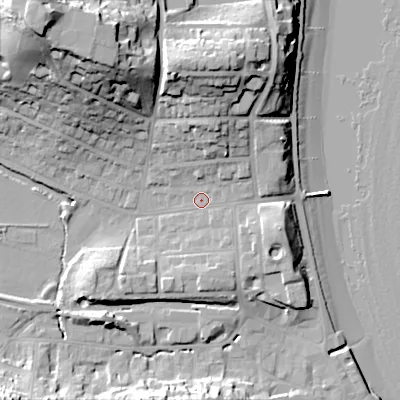Shaded relief map of the ground around BH191AN, computed from Environment Agency LiDAR. The ground here sits at about 6 m above sea level and falls 36 m across the surrounding 800 m. Surface water reaching this point runs off ground lying to the north-north-east, 9.7 m higher.