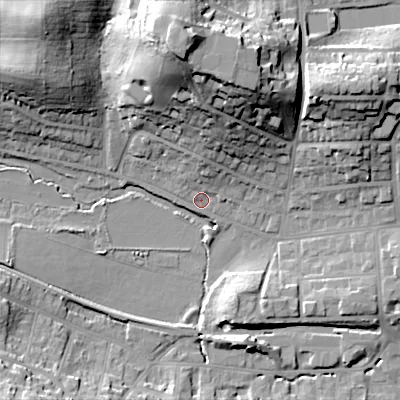 Shaded relief map of the ground around BH191AP, computed from Environment Agency LiDAR. The ground here sits at about 5 m above sea level and falls 34 m across the surrounding 800 m. Surface water reaching this point runs off ground lying to the north, 34.4 m higher.
