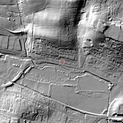 Shaded relief map of the ground around BH191AR, computed from Environment Agency LiDAR. The ground here sits at about 6 m above sea level and falls 34 m across the surrounding 800 m. Surface water reaching this point runs off ground lying to the north-north-west, 16.6 m higher.
