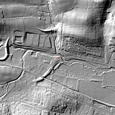 Shaded relief map of the ground around BH191AS, computed from Environment Agency LiDAR. The ground here sits at about 7 m above sea level and falls 29 m across the surrounding 800 m. Surface water reaching this point runs off ground lying to the south-south-west, 19.6 m higher.