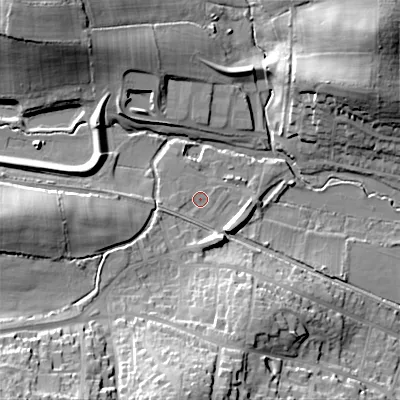Shaded relief map of the ground around BH191AU, computed from Environment Agency LiDAR. The ground here sits at about 8 m above sea level and falls 31 m across the surrounding 800 m. Surface water reaching this point runs off ground lying to the west-south-west, 1.3 m higher.