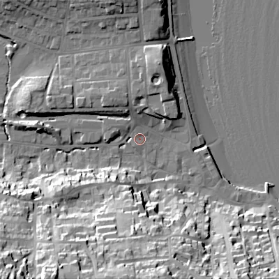 Shaded relief map of the ground around BH191AW, computed from Environment Agency LiDAR. The ground here sits at about 3 m above sea level and falls 47 m across the surrounding 800 m. Surface water reaching this point runs off ground lying to the south-west, 44.4 m higher.