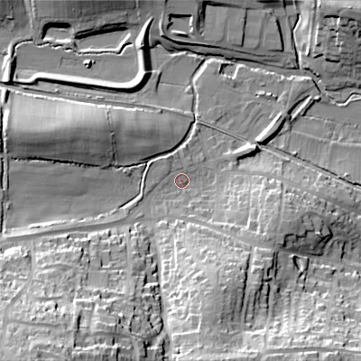 Shaded relief map of the ground around BH191BB, computed from Environment Agency LiDAR. The ground here sits at about 10 m above sea level and falls 49 m across the surrounding 800 m. Surface water reaching this point runs off ground lying to the south-south-west, 41.3 m higher.