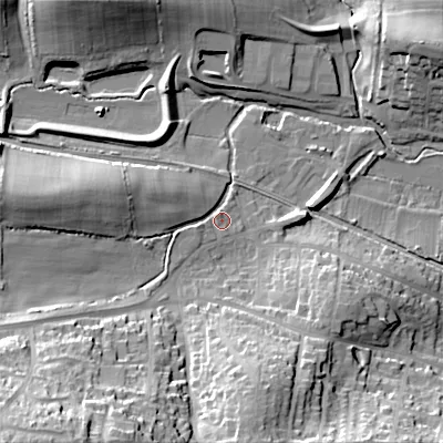 Shaded relief map of the ground around BH191BQ, computed from Environment Agency LiDAR. The ground here sits at about 10 m above sea level and falls 45 m across the surrounding 800 m. Surface water reaching this point runs off ground lying to the south-west, 39.8 m higher.
