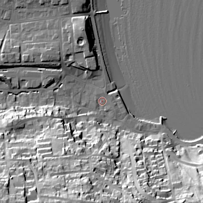 Shaded relief map of the ground around BH191BS, computed from Environment Agency LiDAR. The ground here sits at about 3 m above sea level and falls 50 m across the surrounding 800 m. Surface water reaching this point runs off ground lying to the south-west, 47.5 m higher.
