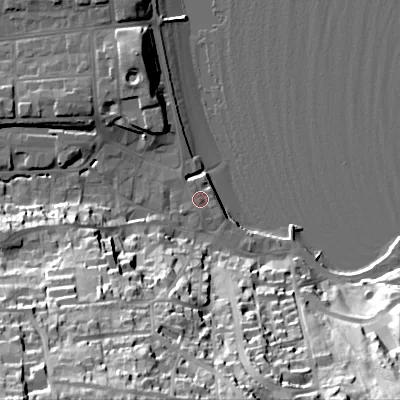 Shaded relief map of the ground around BH191BT, computed from Environment Agency LiDAR. The ground here sits at about 3 m above sea level and falls 52 m across the surrounding 800 m. Surface water reaching this point runs off ground lying to the north-north-east, 1.2 m higher.