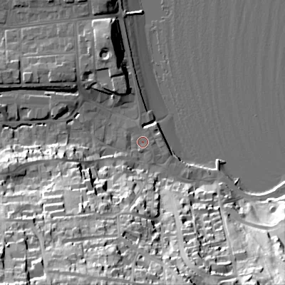 Shaded relief map of the ground around BH191BX, computed from Environment Agency LiDAR. The ground here sits at about 3 m above sea level and falls 52 m across the surrounding 800 m. Surface water reaching this point runs off ground lying to the south-west, 50.3 m higher.