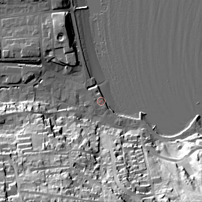 Shaded relief map of the ground around BH191DA, computed from Environment Agency LiDAR. The ground here sits at about 3 m above sea level and falls 52 m across the surrounding 800 m. Surface water reaching this point runs off ground lying to the north-north-west, 1.2 m higher.