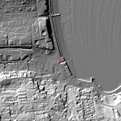 Shaded relief map of the ground around BH191DD, computed from Environment Agency LiDAR. The ground here sits at about 3 m above sea level and falls 46 m across the surrounding 800 m. Surface water reaching this point runs off ground lying to the south-east, 3.3 m higher.