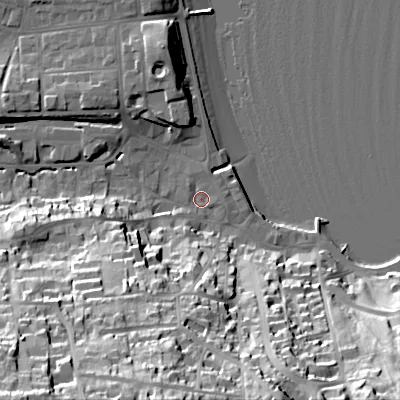 Shaded relief map of the ground around BH191DE, computed from Environment Agency LiDAR. The ground here sits at about 2 m above sea level and falls 54 m across the surrounding 800 m. Surface water reaching this point runs off ground lying to the south-west, 52.2 m higher.