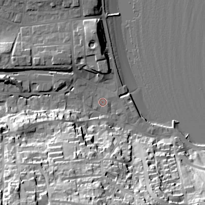 Shaded relief map of the ground around BH191DF, computed from Environment Agency LiDAR. The ground here sits at about 3 m above sea level and falls 51 m across the surrounding 800 m. Surface water reaching this point runs off ground lying to the south-west, 47.3 m higher.