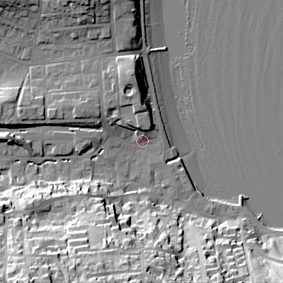 Shaded relief map of the ground around BH191DG, computed from Environment Agency LiDAR. The ground here sits at about 3 m above sea level and falls 41 m across the surrounding 800 m. Surface water reaching this point runs off ground lying to the south-west, 38.7 m higher.