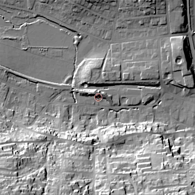 Shaded relief map of the ground around BH191DX, computed from Environment Agency LiDAR. The ground here sits at about 6 m above sea level and falls 50 m across the surrounding 800 m. Surface water reaching this point runs off ground lying to the north-north-west, 5.8 m higher.