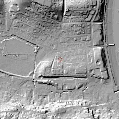 Shaded relief map of the ground around BH191DZ, computed from Environment Agency LiDAR. The ground here sits at about 5 m above sea level and falls 34 m across the surrounding 800 m. Surface water reaching this point runs off ground lying to the south-south-west, 4.9 m higher.